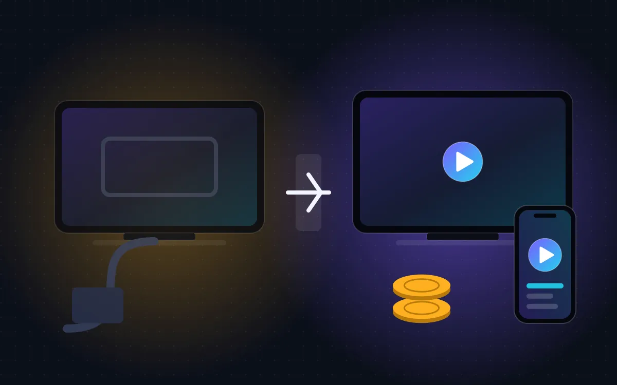 IPTV vs cable: an old cable box next to a modern TV and phone streaming IPTV